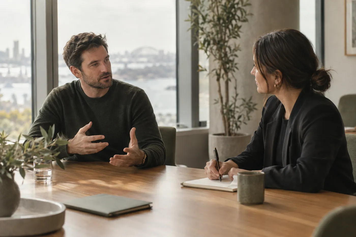 Two professionals in a discovery conversation across a boardroom table