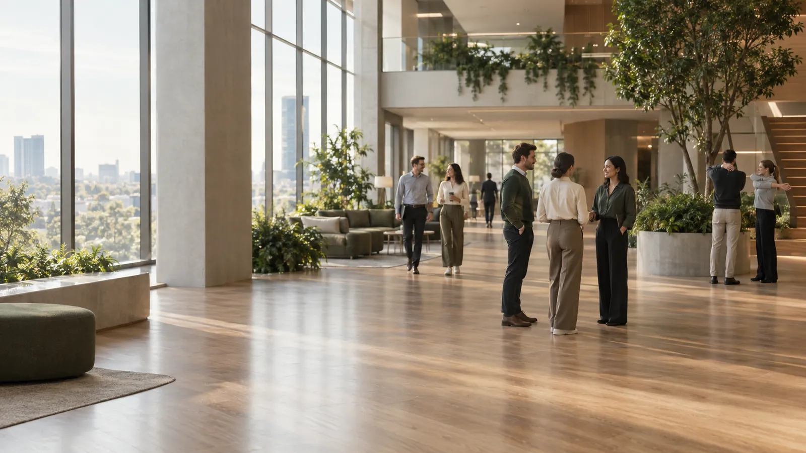 Employees in conversation in a bright modern workplace atrium