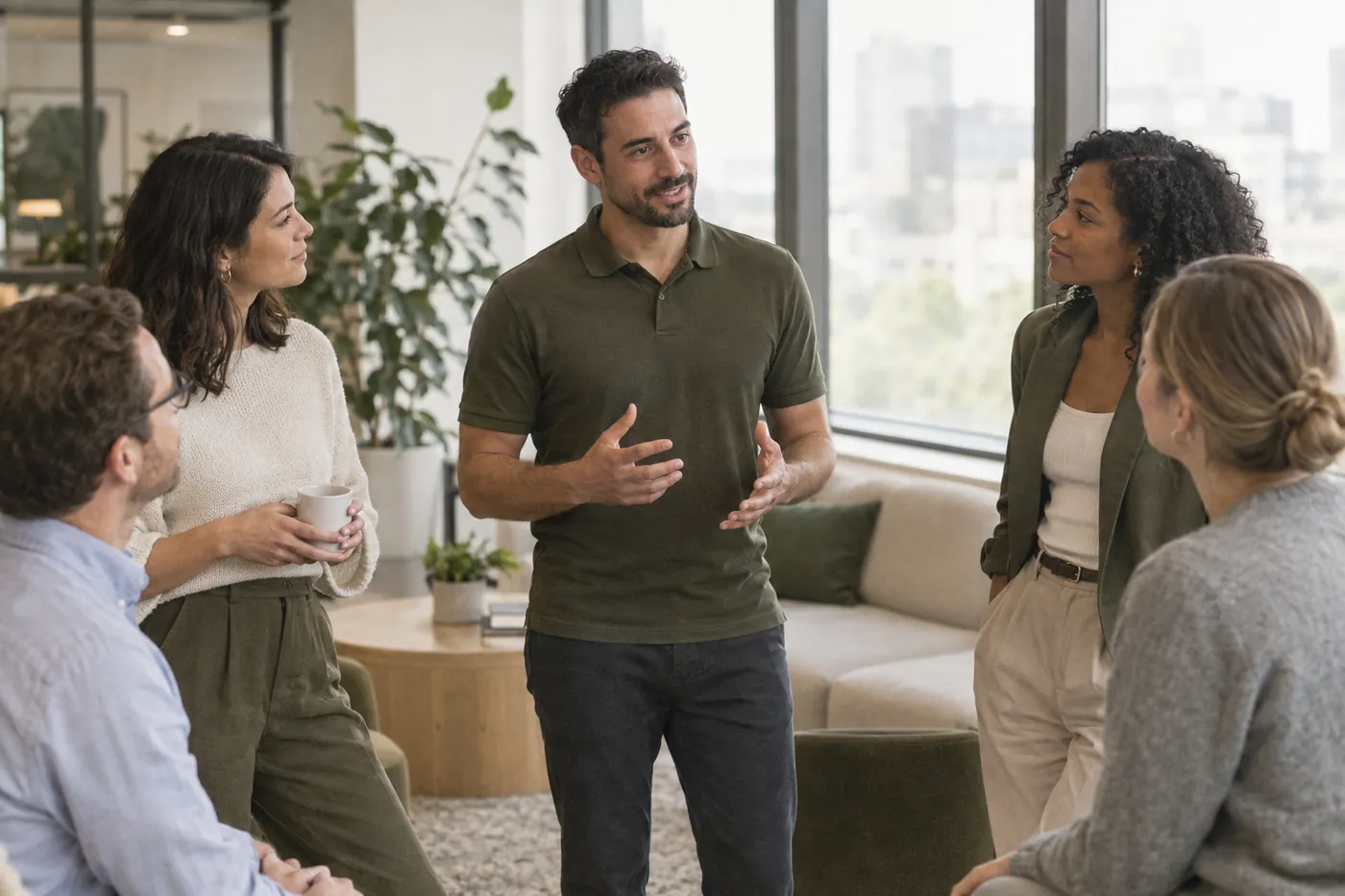 An LXW practitioner speaking with a small group of employees in a workplace breakout area