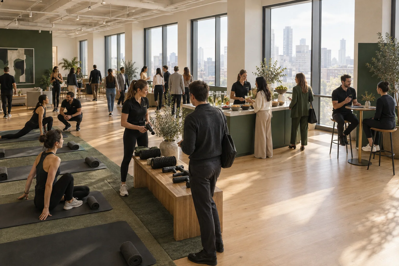A workplace floor set up for movement, recovery and nutrition delivery